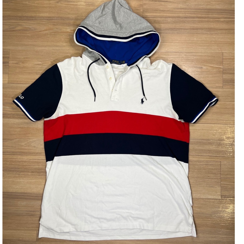 Polo Ralph Lauren Mens Hooded Polo Shirt Colorblock Striped White Red Navy XL